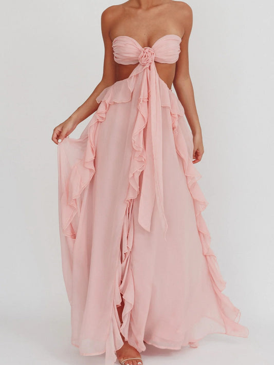 Chiffon Ruffled Tube Top Long Dress